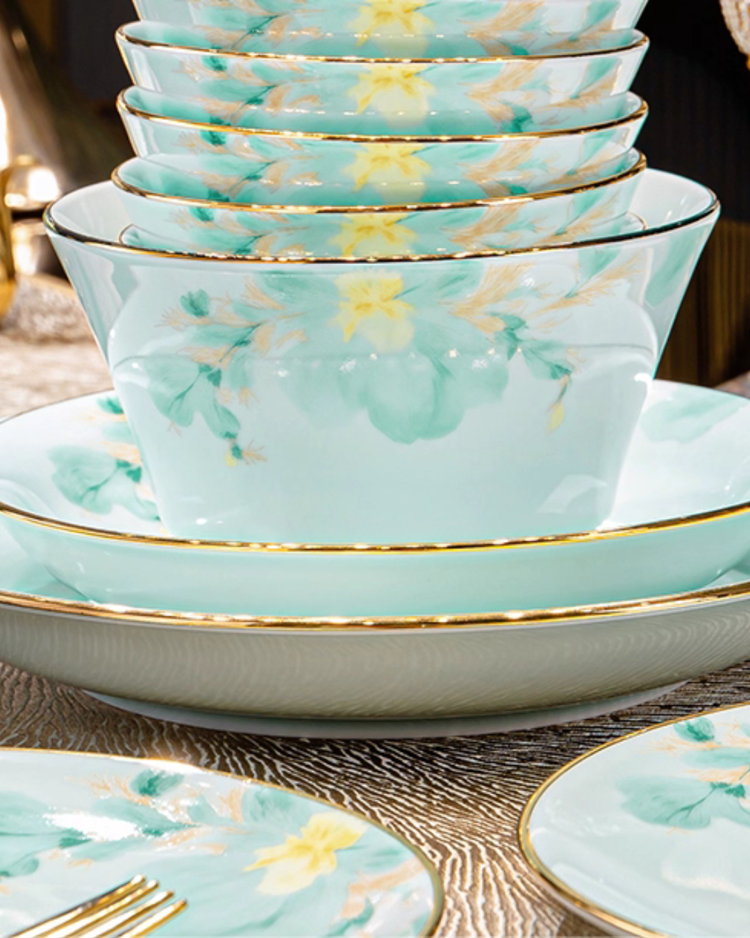 Luxury Celadon Ceramic Dinnerware Set with Hand-Painted Gold Trim
