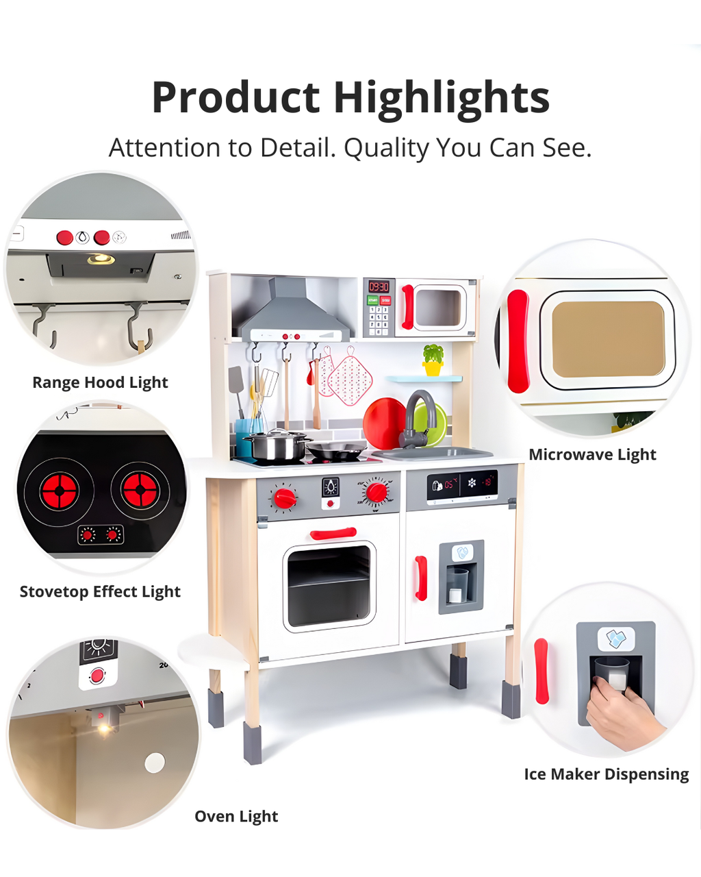 Kids Wooden Play Kitchen Set – Lights, Sounds & Ice Maker for Toddlers