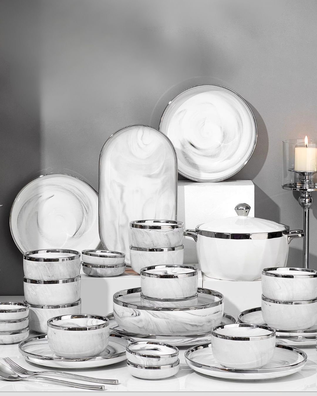 Marble-Style Premium Ceramic Dinnerware Set – Silver-Trim Luxury