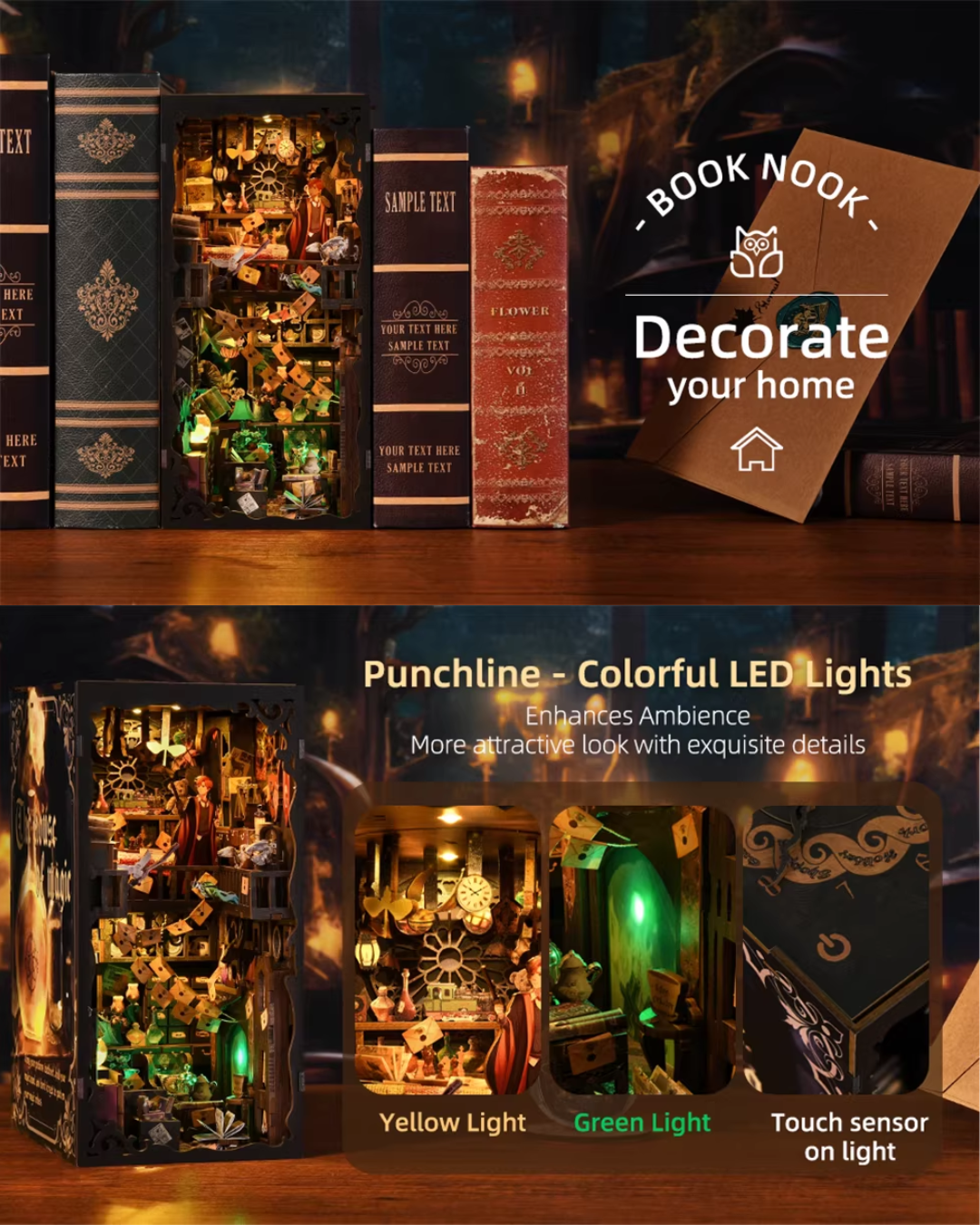 DIY Book Nook Kit with LED Lights – Wizard Bookshelf Insert