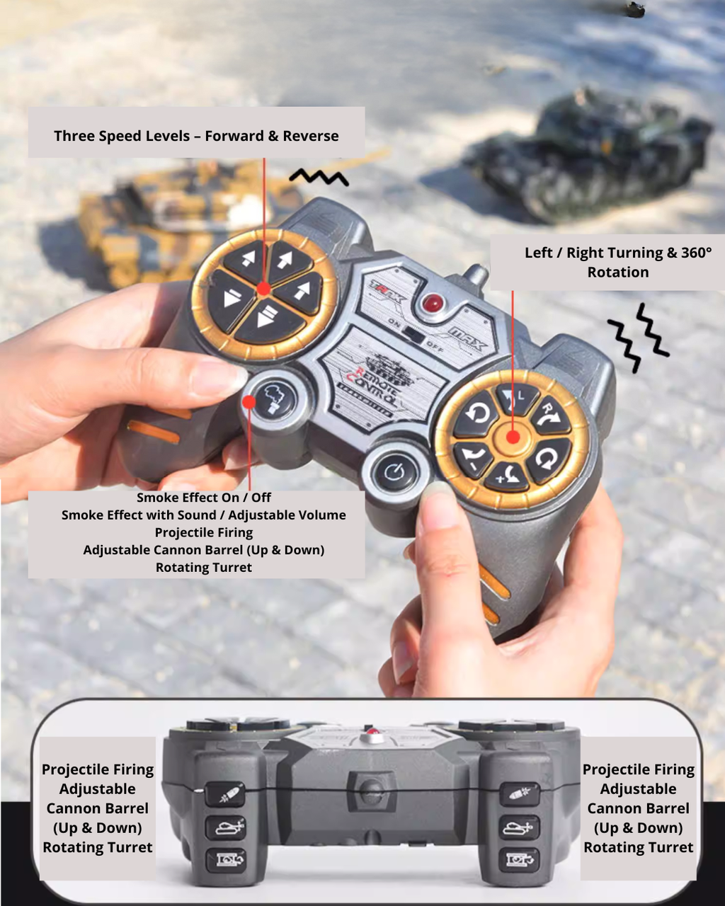 50CM RC Battle Tank with Metal Tracks, 360° Turret & Smoke Effects