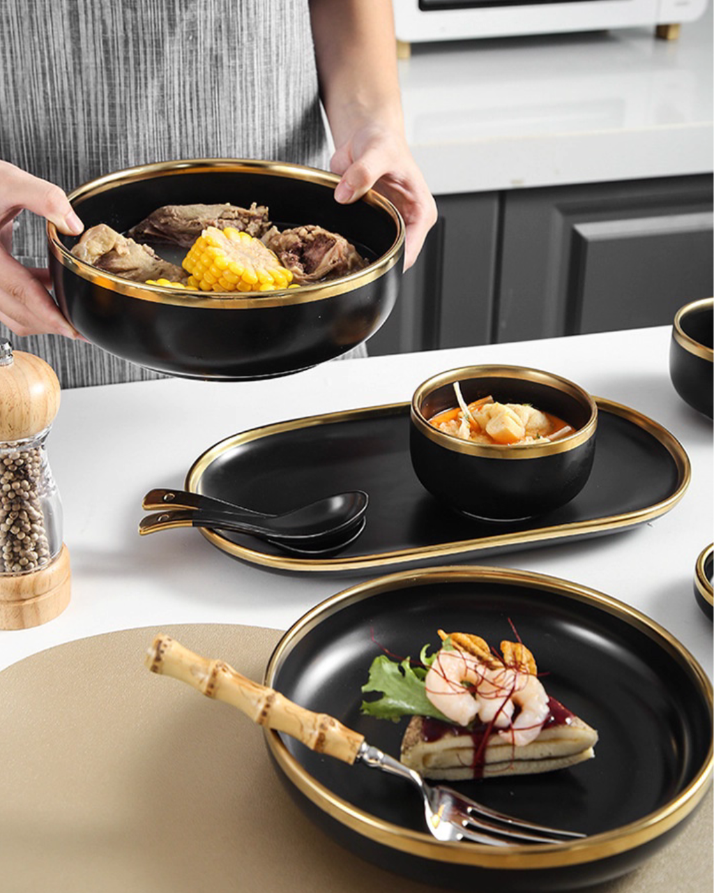 Nordic Matte Black Ceramic Dinnerware Set – Minimalist Gold-Trim Porcelain