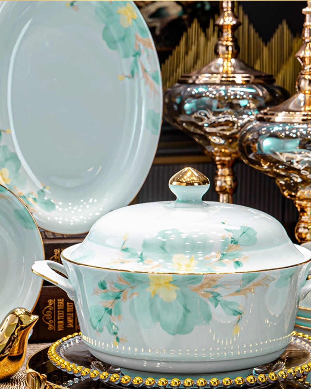 Luxury Celadon Ceramic Dinnerware Set with Hand-Painted Gold Trim