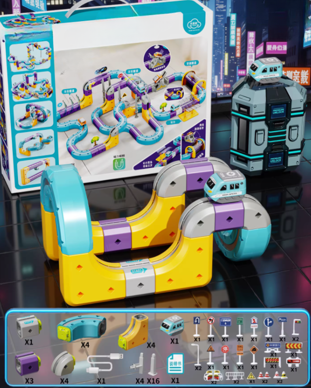 Magnetic Track Car Building Set with Upside-Down Driving