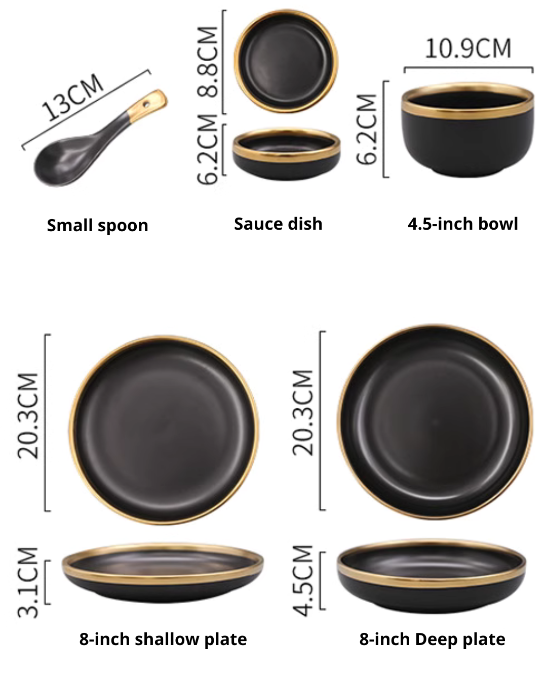 Nordic Matte Black Ceramic Dinnerware Set – Minimalist Gold-Trim Porcelain